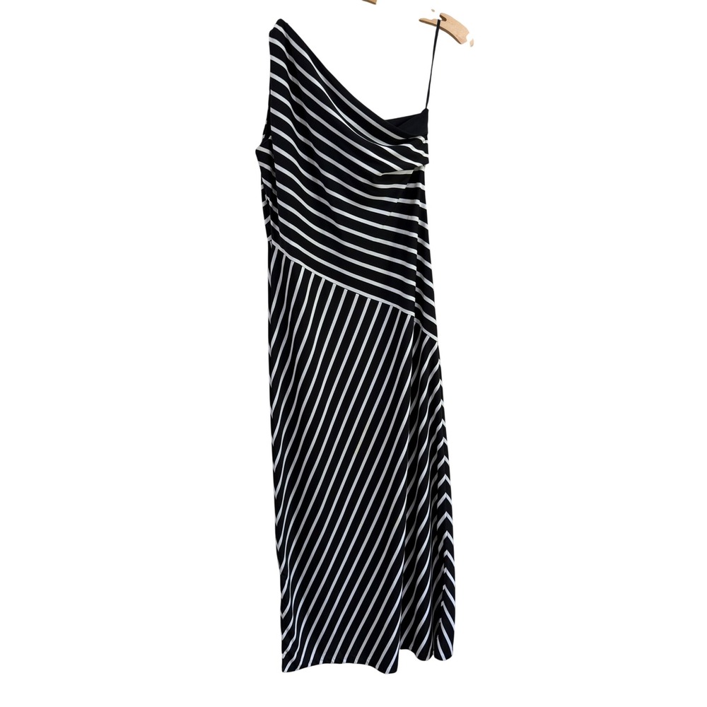 Lauren Ralph Lauren Classic Evening One Shoulder Maxi Dress Black White Stripe M